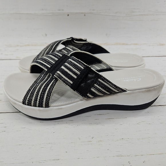 Clarks‎ Cloudsteppers Arla Wave Womens 9.5 Black Tan Combi Woven Slide Sandals - Picture 4 of 11